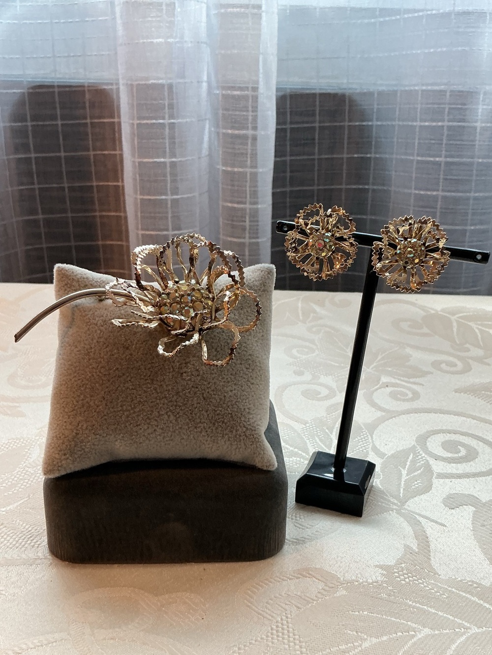 Sarah Coventry Vintage 1968 “Allusion” Floral Brooch and Earrings  Gold Tone Set